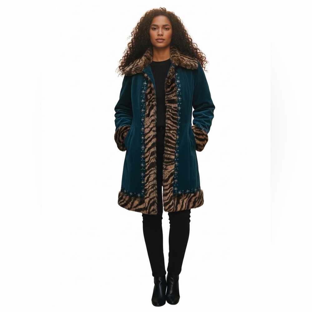 Y2K Penny Lane Coat Vintage Blue Suede & Animal Print 90s Faux Fur Jeweled Coat